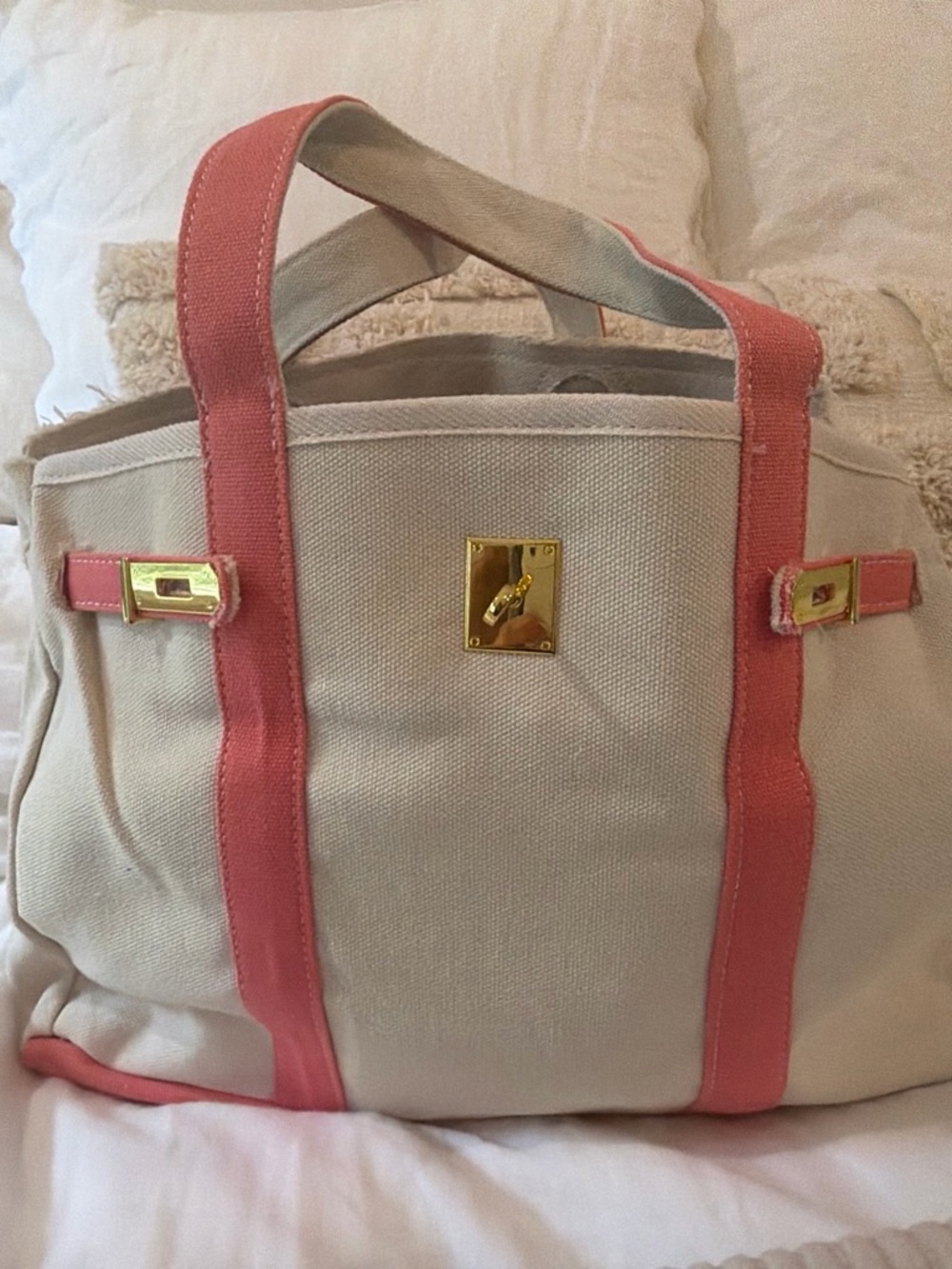 Cream Canvas Tote with Coral Pink Trim and Gold Hardware